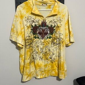 Yellow Tie-Dye Short-Sleeve Zip-Front Jacket with Heart Graphic